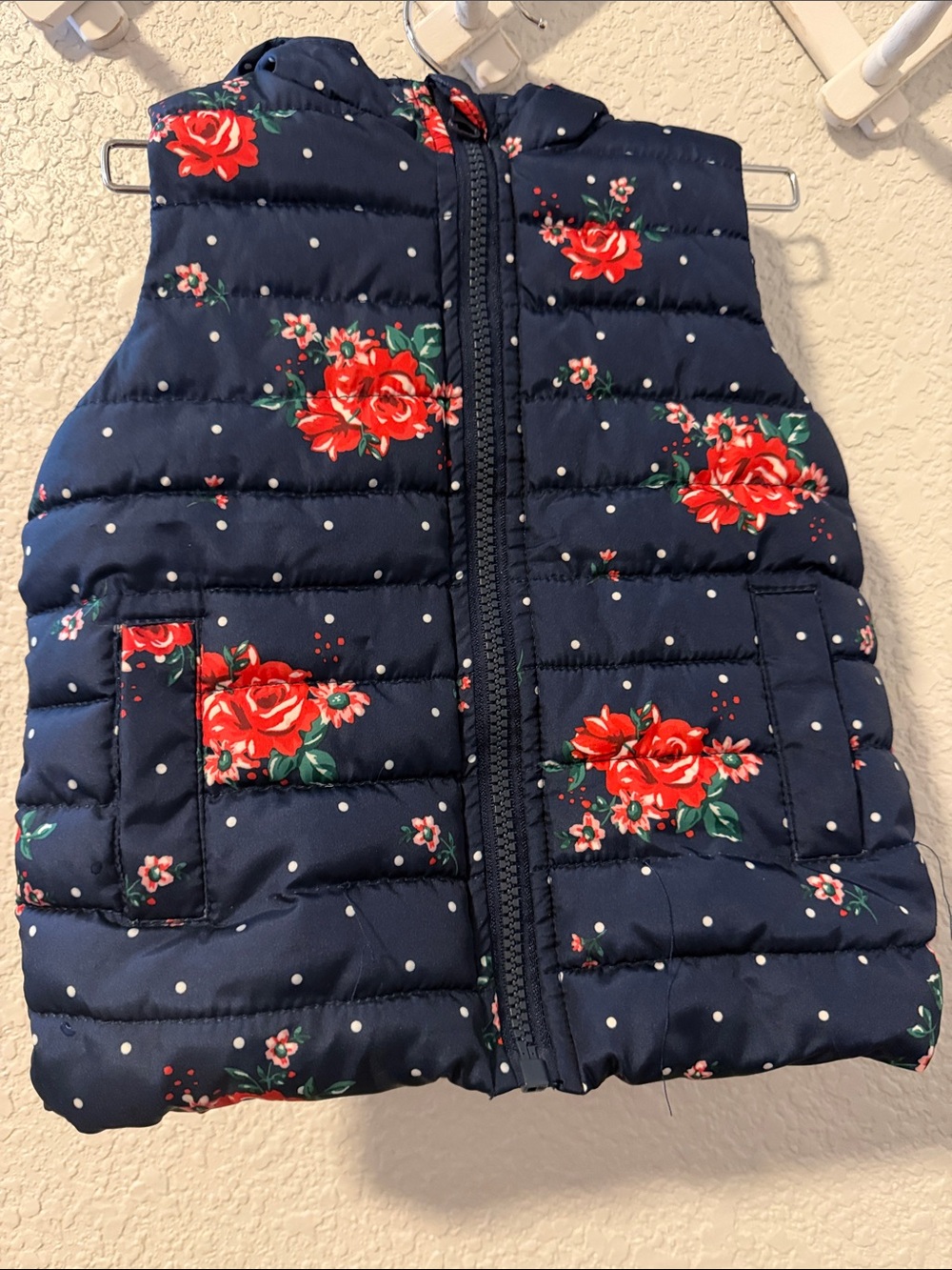 Girls' Floral Navy Quilted Puffer Vest - Red Rose Print